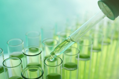 Photo of Dropping sample into test tube with liquid on color background, closeup