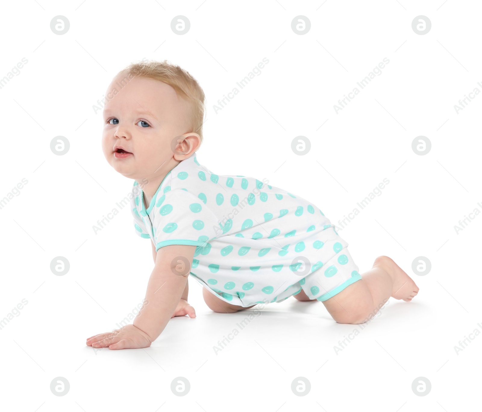 Photo of Cute little baby crawling on white background