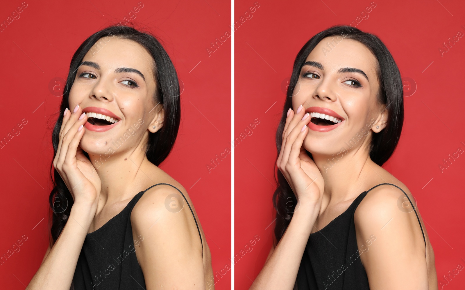 Image of Photo before and after retouch, collage. Portrait of beautiful young woman on red background 