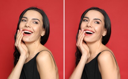 Image of Photo before and after retouch, collage. Portrait of beautiful young woman on red background 