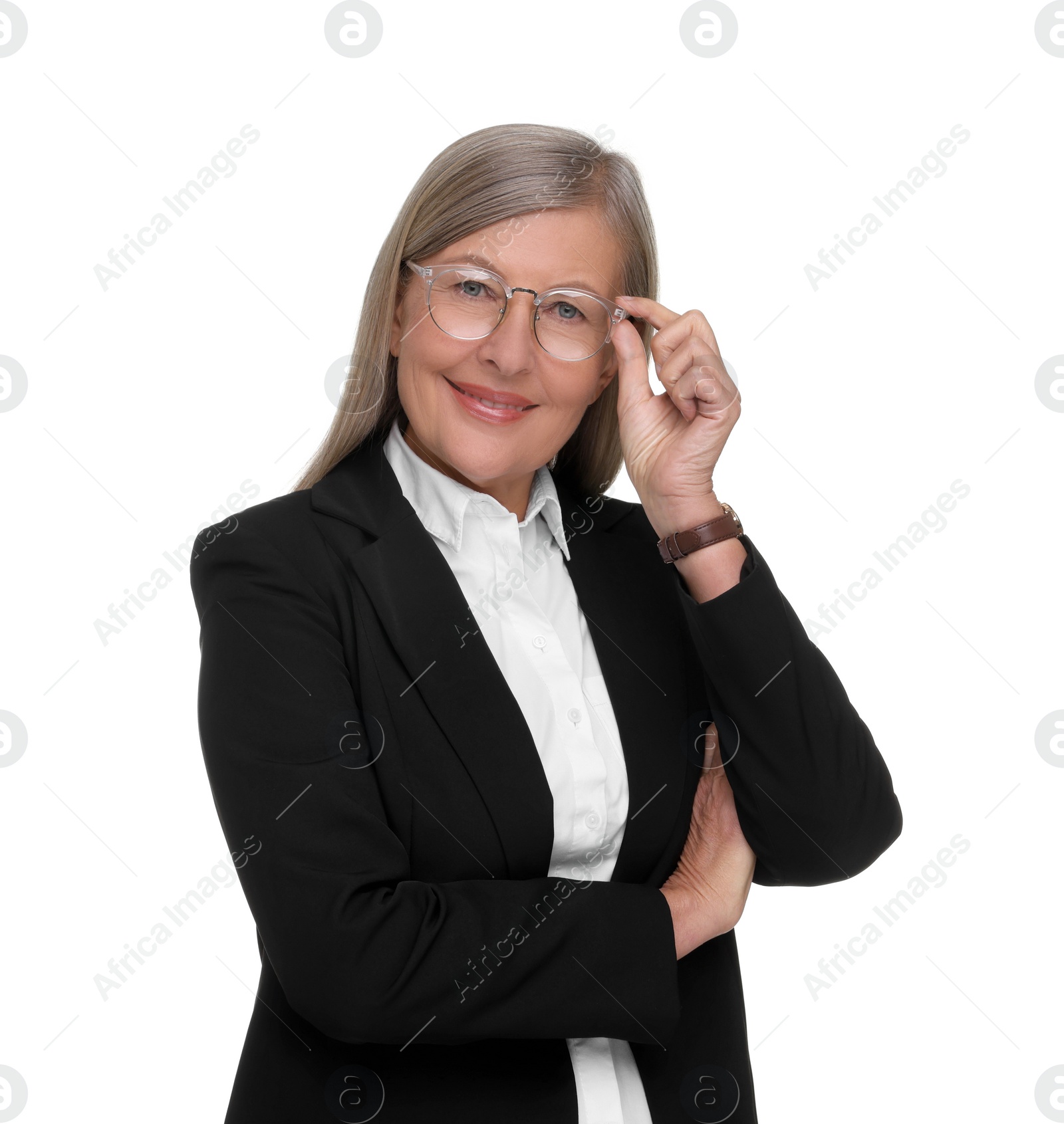 Photo of Portrait of smiling woman in glasses on white background. Lawyer, businesswoman, accountant or manager