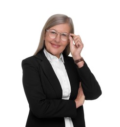 Photo of Portrait of smiling woman in glasses on white background. Lawyer, businesswoman, accountant or manager