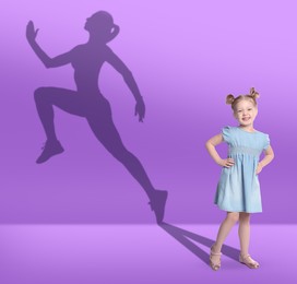 Dream about future occupation. Smiling girl and athlete of runner on violet background