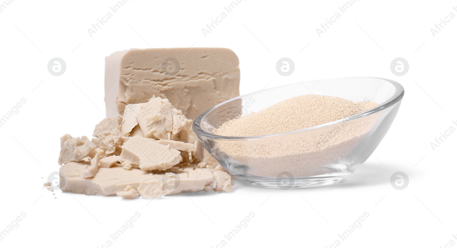 Photo of Compressed and granulated yeast isolated on white