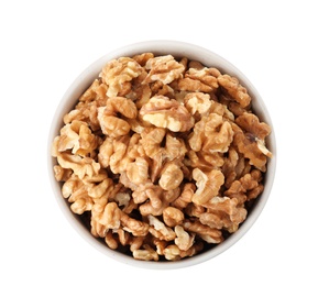 Bowl with walnuts on white background, top view