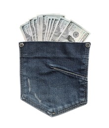 Image of Jeans pocket and dollar banknotes isolated on white. Spending money