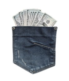 Jeans pocket and dollar banknotes isolated on white. Spending money