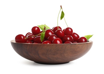 Wooden plate of delicious ripe sweet cherries on white background