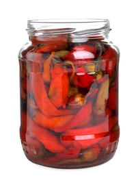 Glass jar with pickled peppers isolated on white