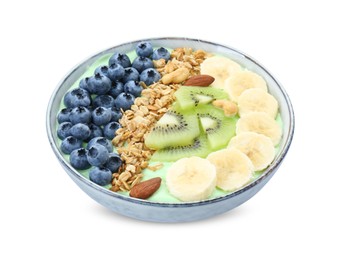 Photo of Tasty smoothie bowl with fresh fruits and oatmeal isolated on white