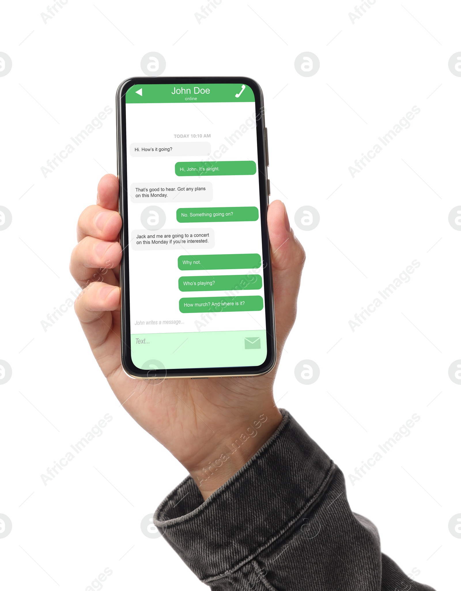 Image of Man texting with friend using messaging application on smartphone against white background, closeup