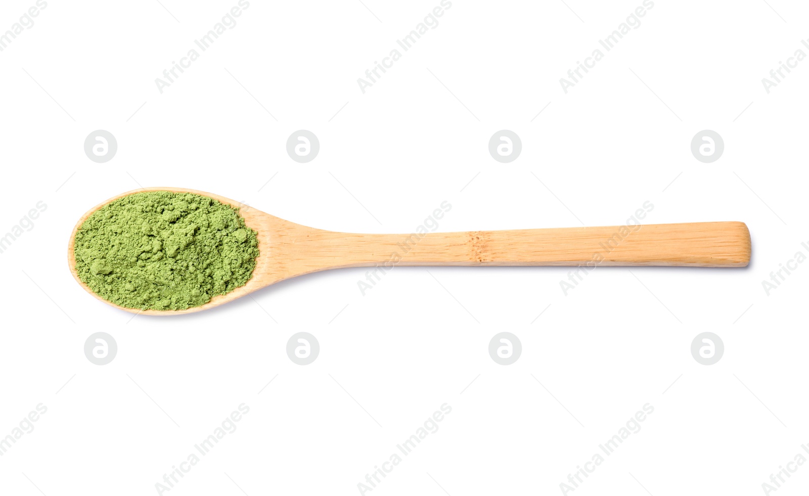 Photo of Spoon of green matcha powder isolated on white, top view