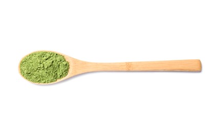 Photo of Spoon of green matcha powder isolated on white, top view