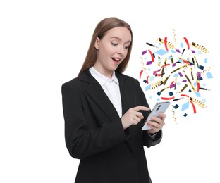 Image of Discount offer. Surprised young businesswoman holding smartphone on white background. Confetti and streamers flying from device
