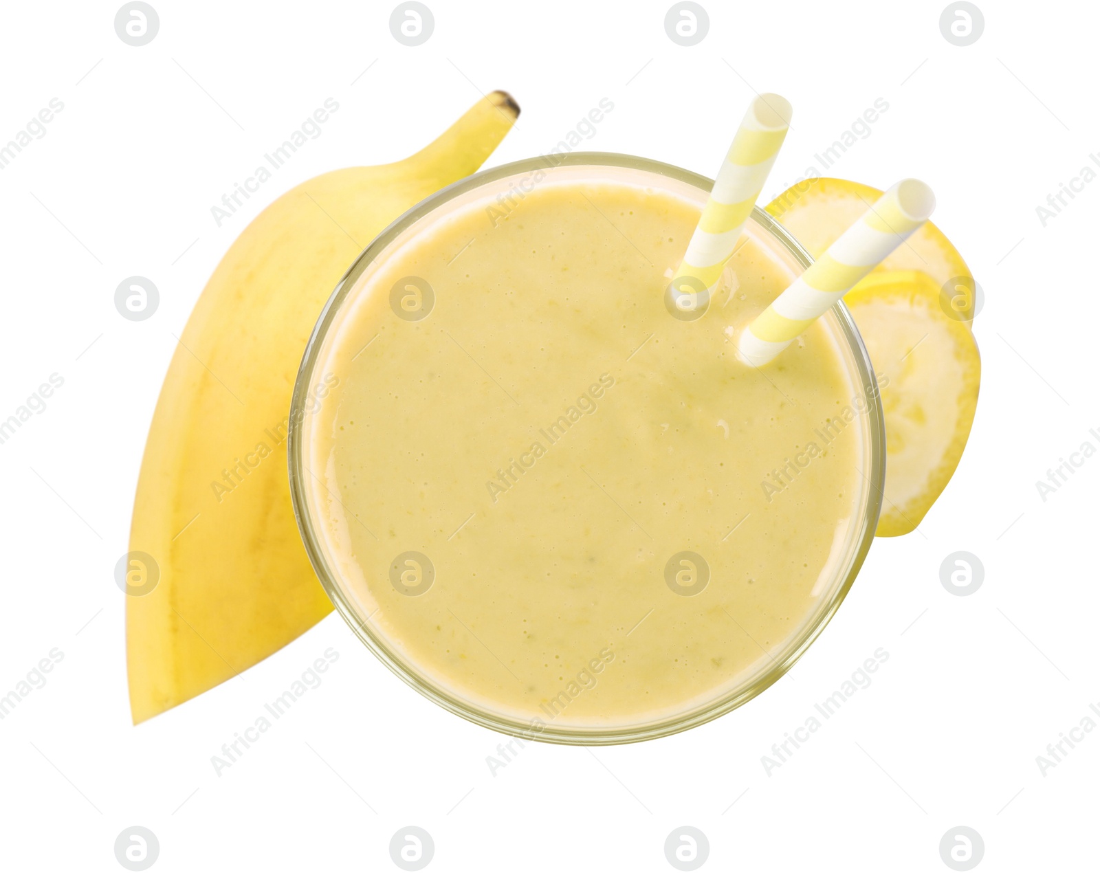 Photo of Glass of tasty banana smoothie with straws and fresh fruit on white background, top view
