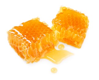Photo of Natural honeycombs with tasty honey isolated on white