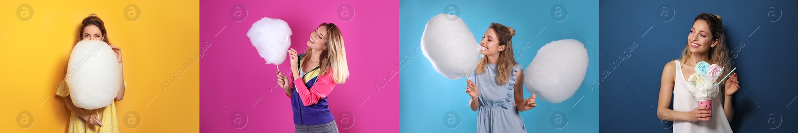 Image of Collage with photos of young woman holding cotton candy on color background. Banner design