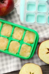 Photo of Apple puree in ice cube tray with ingredients on table, flat lay