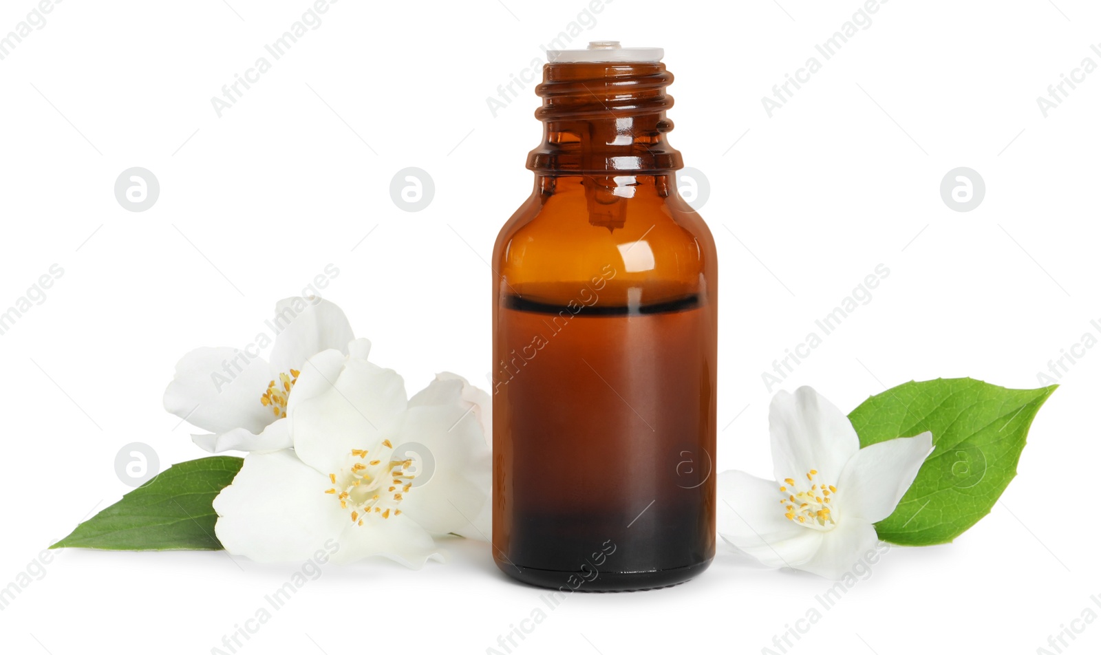 Photo of Jasmine essential oil and fresh flowers on white background