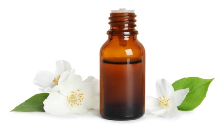 Photo of Jasmine essential oil and fresh flowers on white background