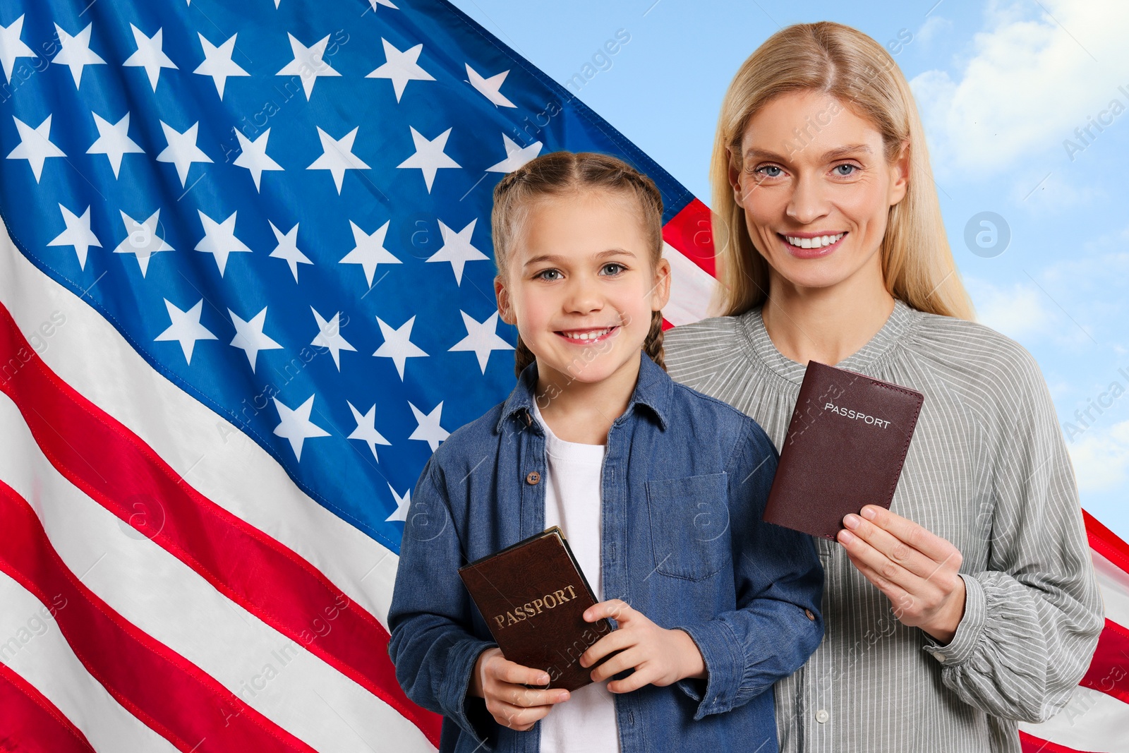 Image of Immigration. Happy woman and her daughter with passports and national flag of United States against blue sky, space for text