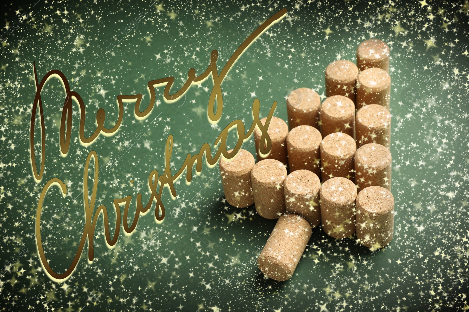 Image of Christmas tree made of wine corks on green background