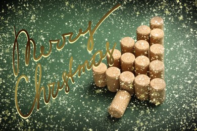 Christmas tree made of wine corks on green background