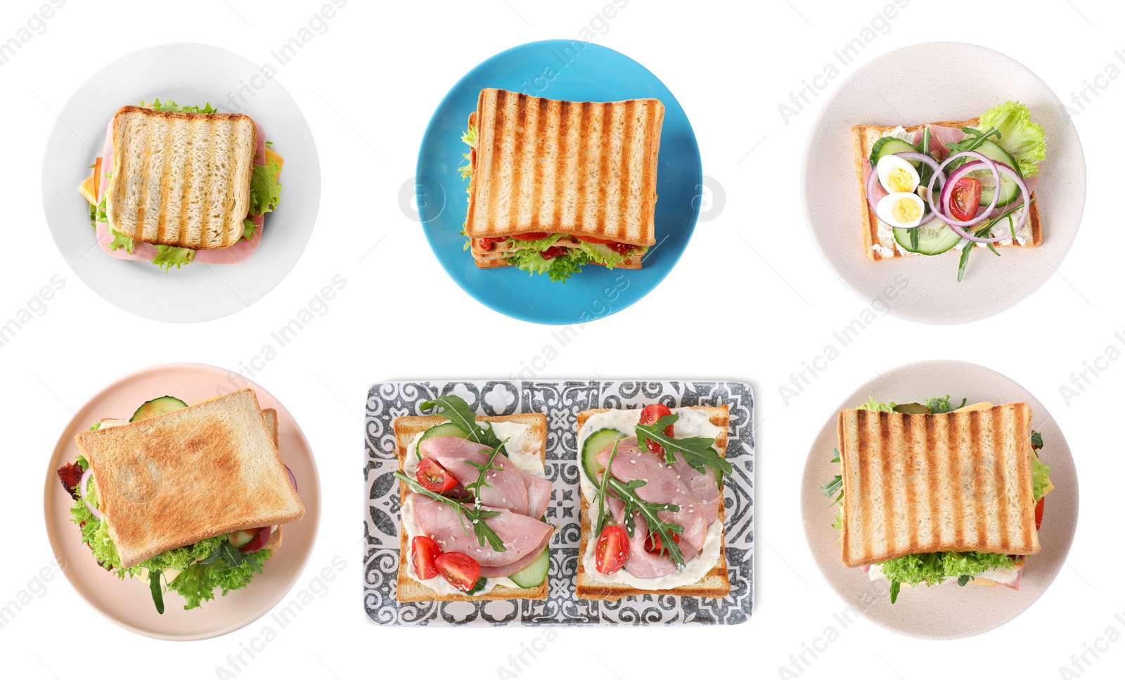 Image of Set of toasted bread with different toppings on white background, top view 