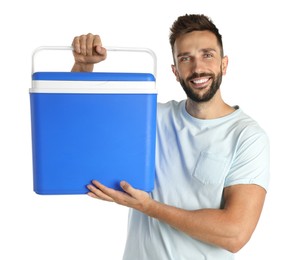 Photo of Happy man with cool box on white background