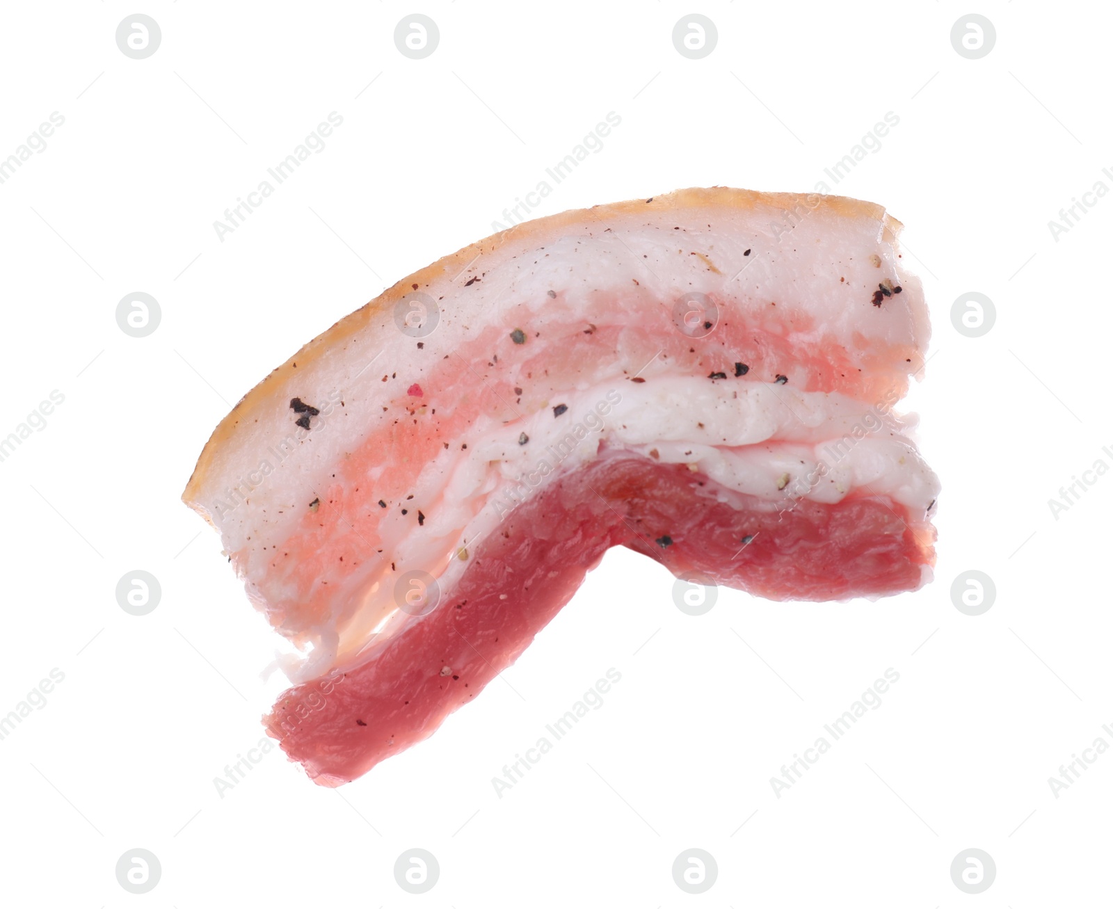 Photo of Slice of tasty pork fatback with spices isolated on white