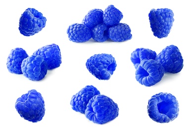 Set of fresh blue raspberries on white background