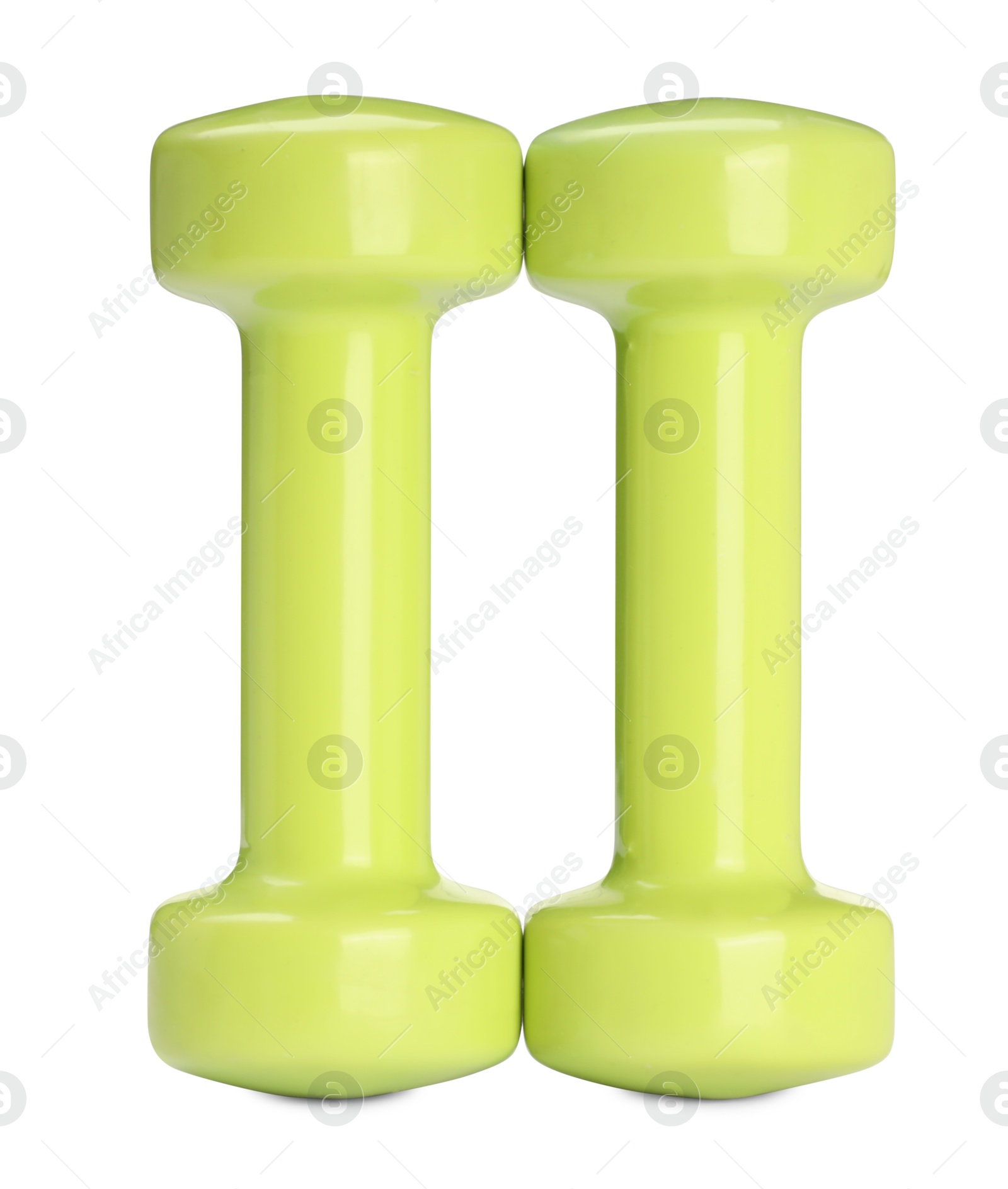 Photo of Light green dumbbells isolated on white. Sports equipment