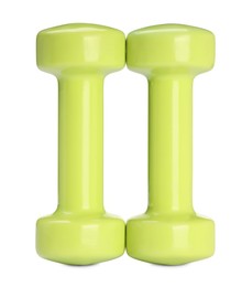 Photo of Light green dumbbells isolated on white. Sports equipment