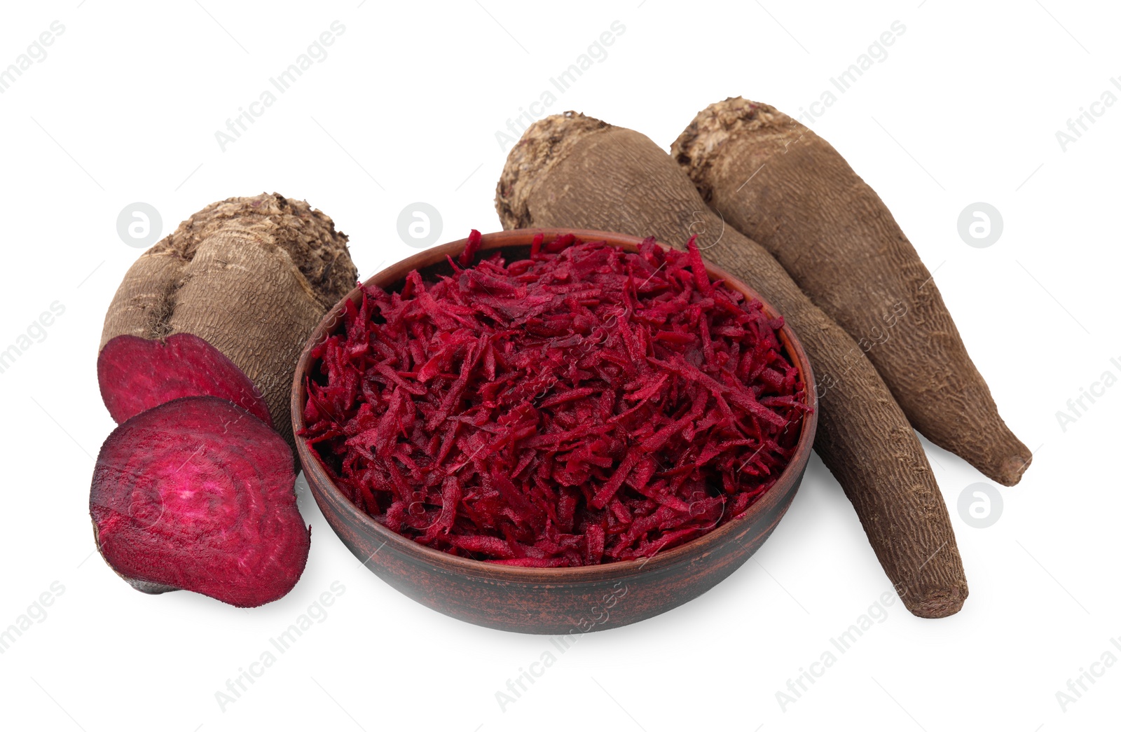 Photo of Whole, cut and grated red beets in bowl isolated on white