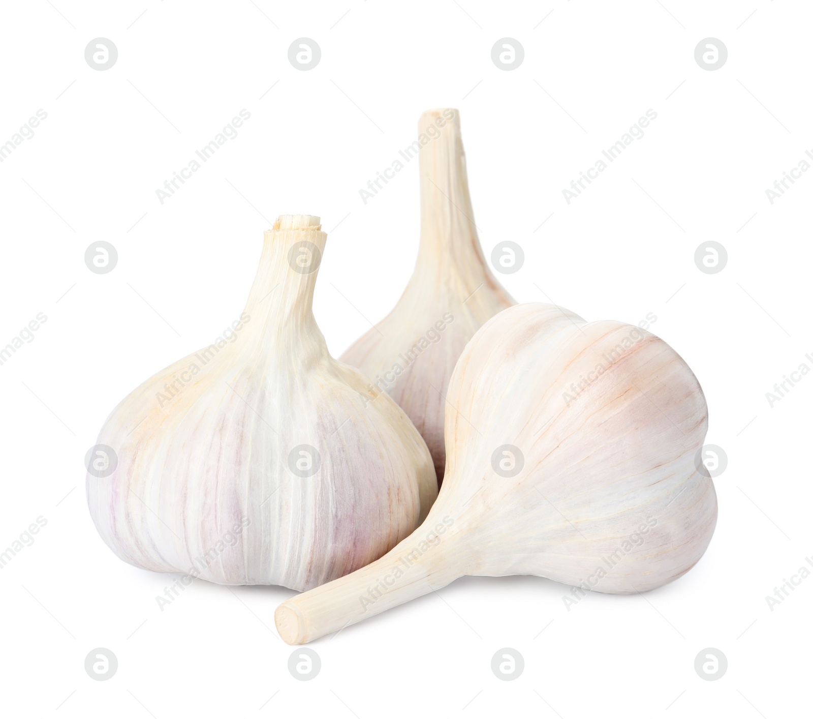 Photo of Fresh organic garlic bulbs on white background