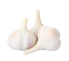 Photo of Fresh organic garlic bulbs on white background