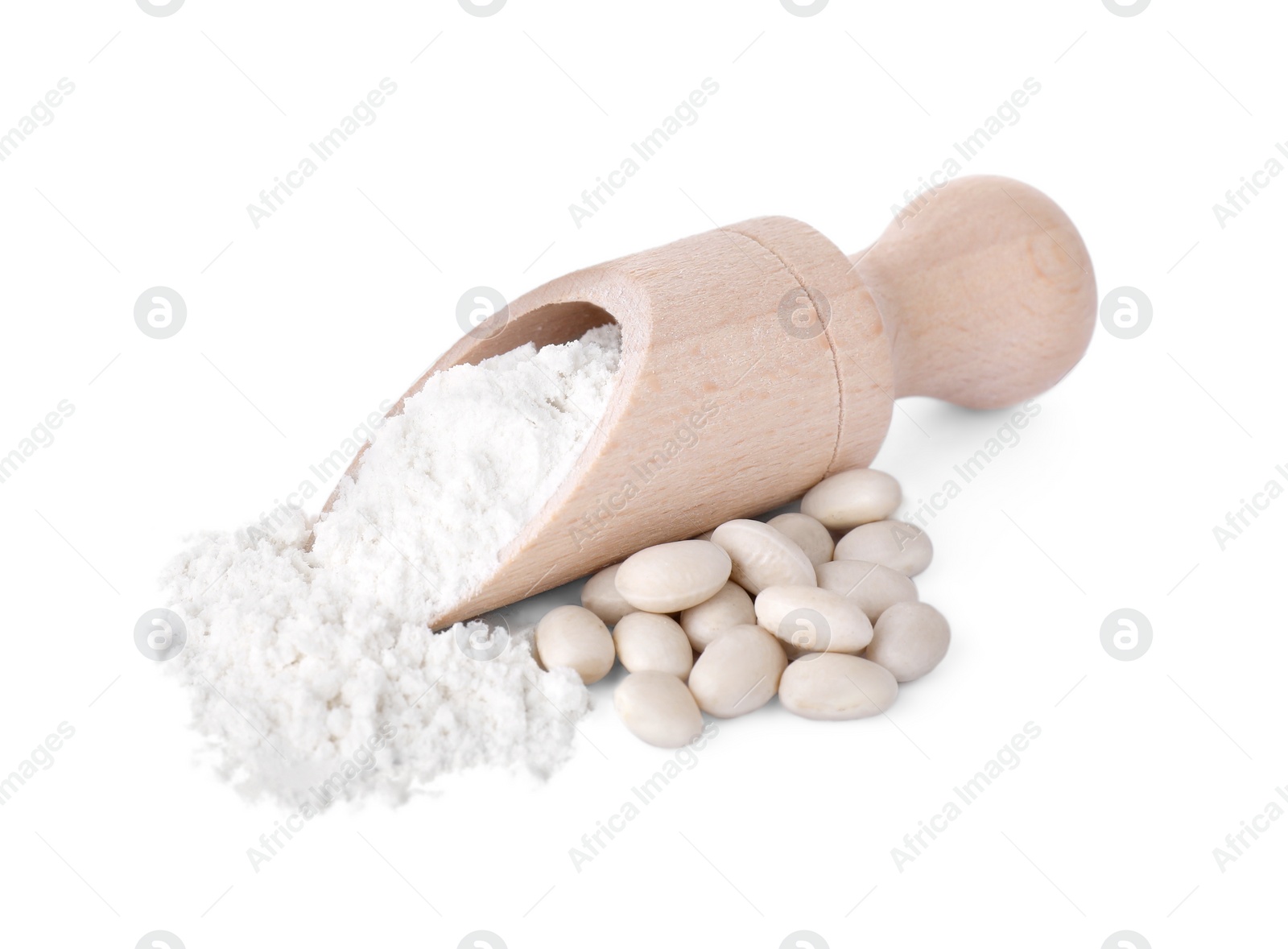 Wooden scoop with flour and kidney beans isolated on white Photo of Wooden scoop with flour and kidney beans isolated on white
