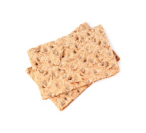 Photo of Fresh crunchy crispbreads on white background, top view