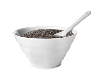 Photo of Bowl with chia seeds and spoon isolated on white