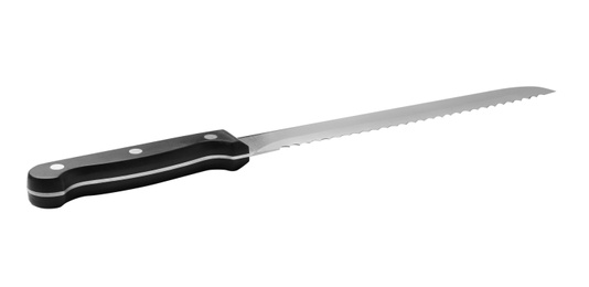 Photo of Bread knife with black handle isolated on white
