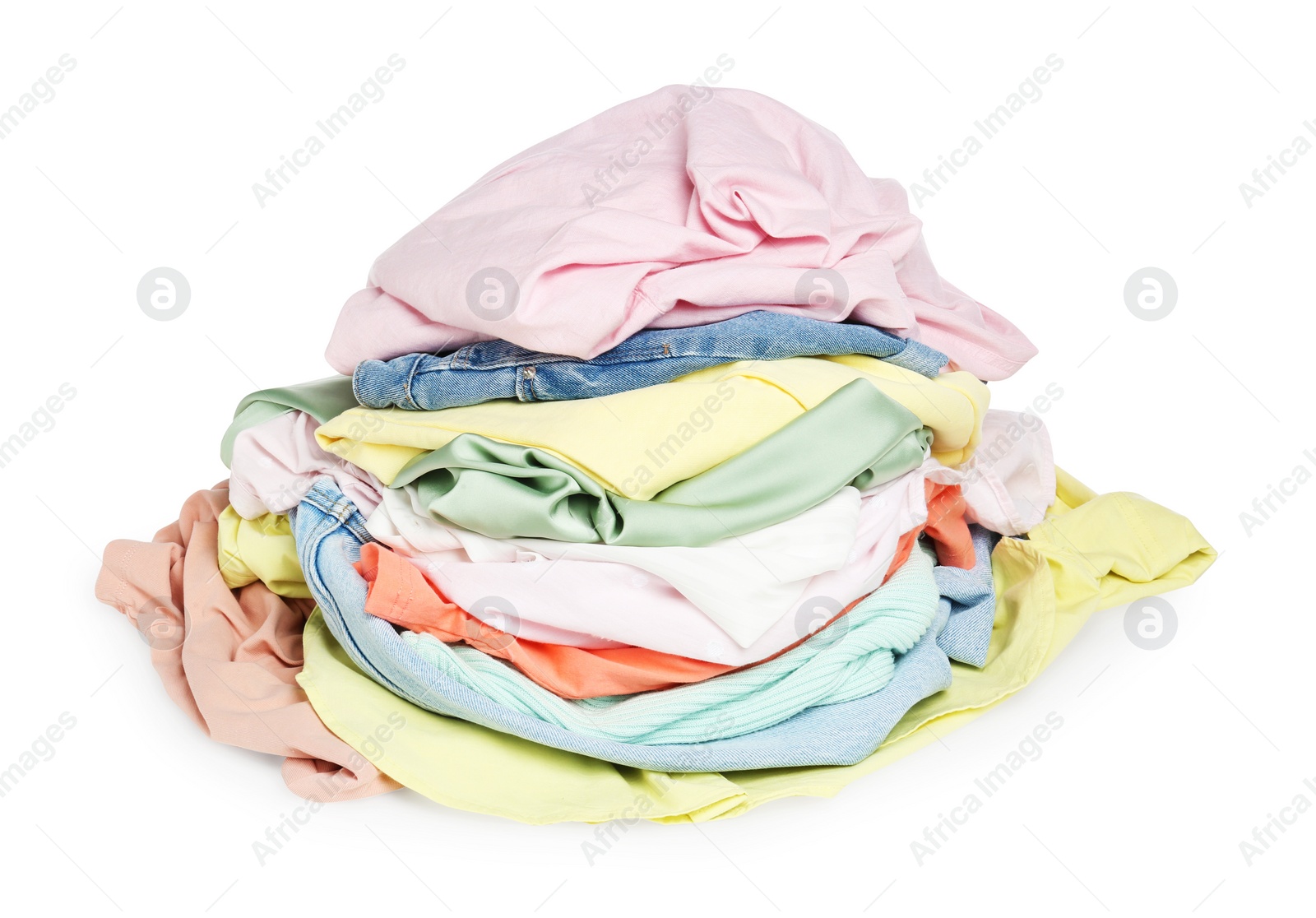 Photo of Pile of colorful clothes isolated on white