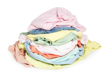 Photo of Pile of colorful clothes isolated on white