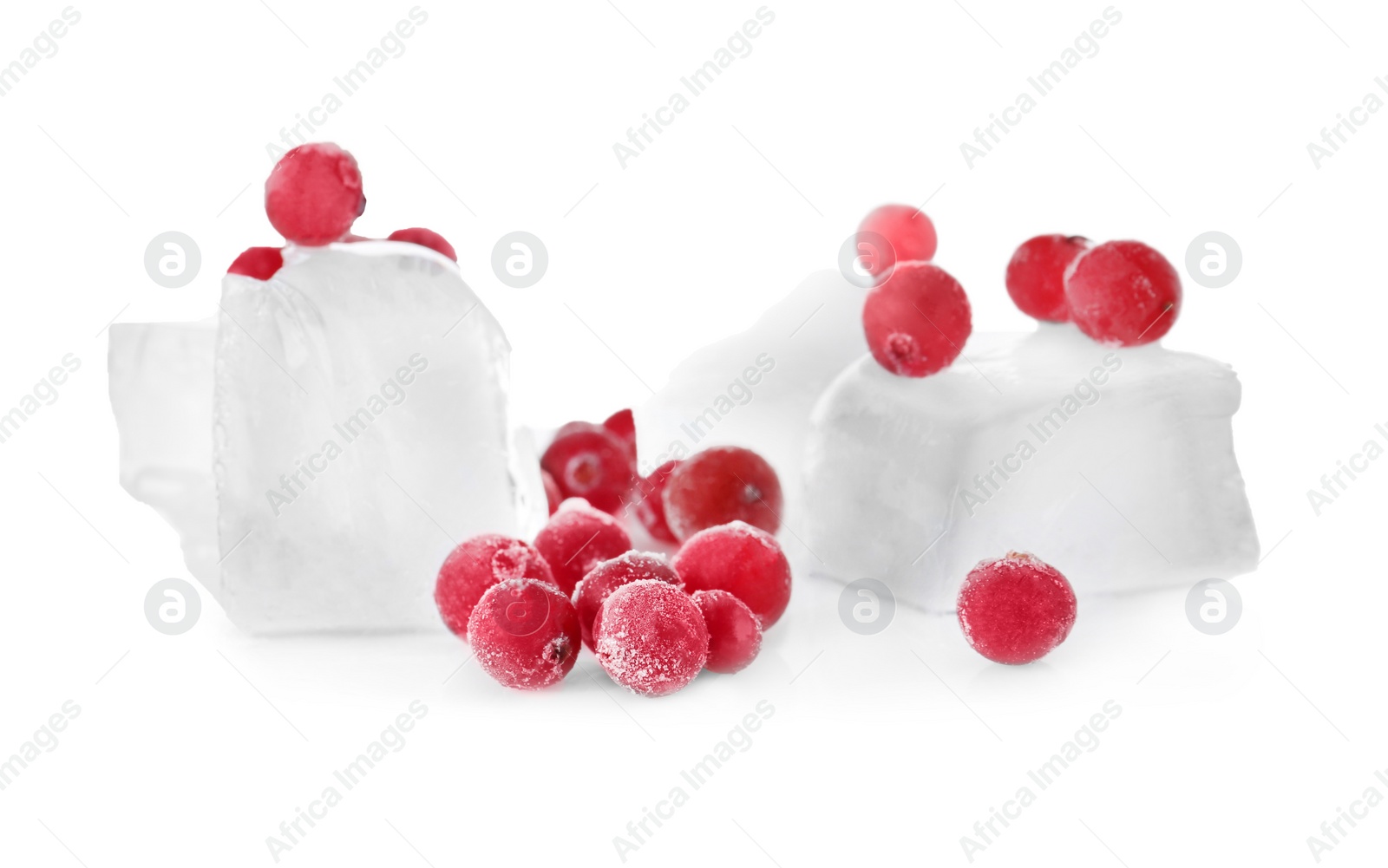 Photo of Frozen berries and ice cubes on white background