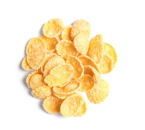 Photo of Crispy cornflakes on white background, top view. Healthy breakfast
