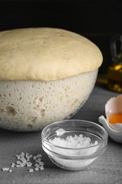 Fresh yeast dough and ingredients on grey wooden table, closeup