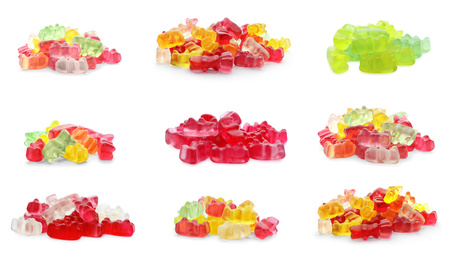 Image of Set of delicious jelly candies on white background. Banner design