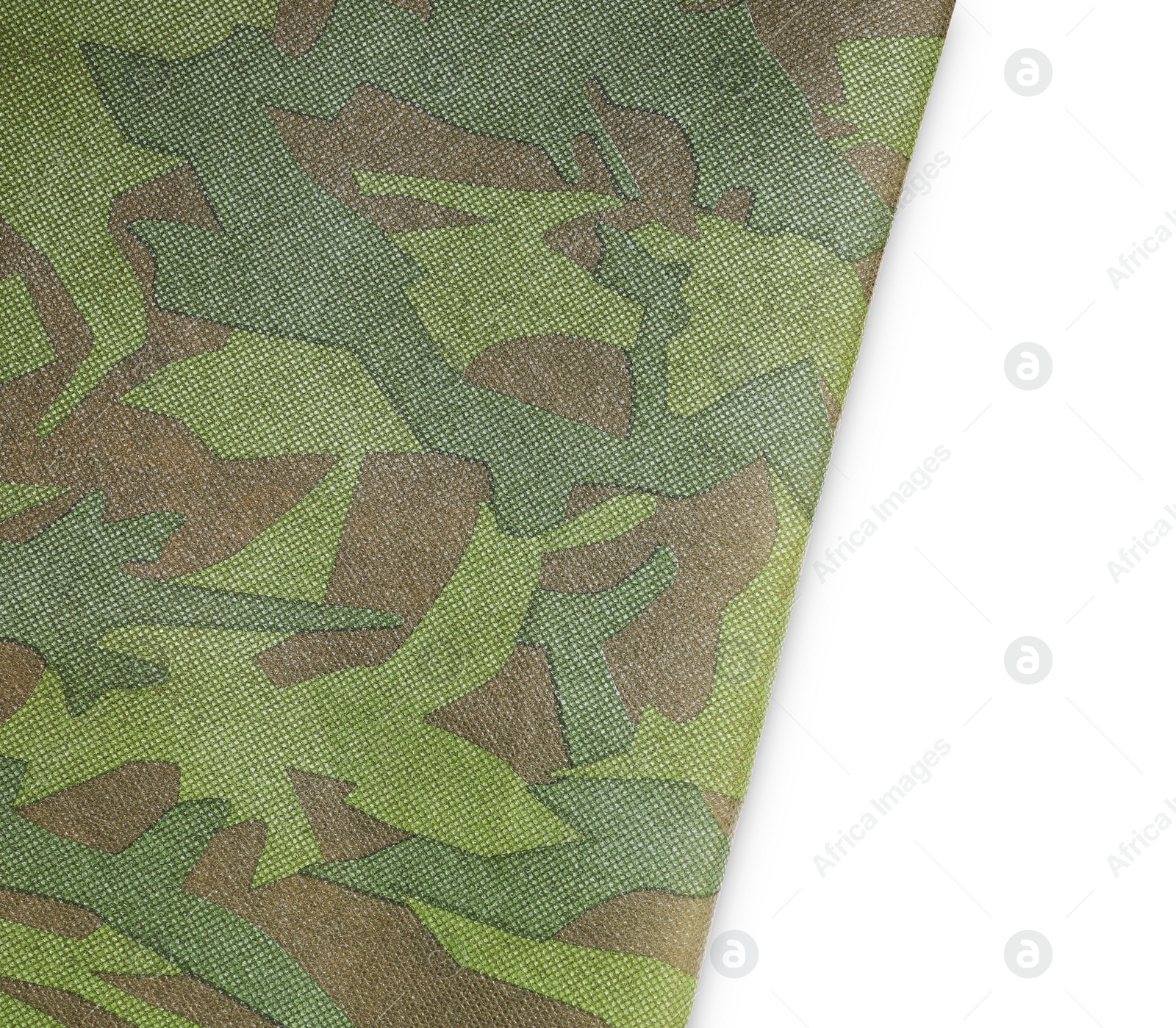 Photo of Camouflage fabric isolated on white, top view