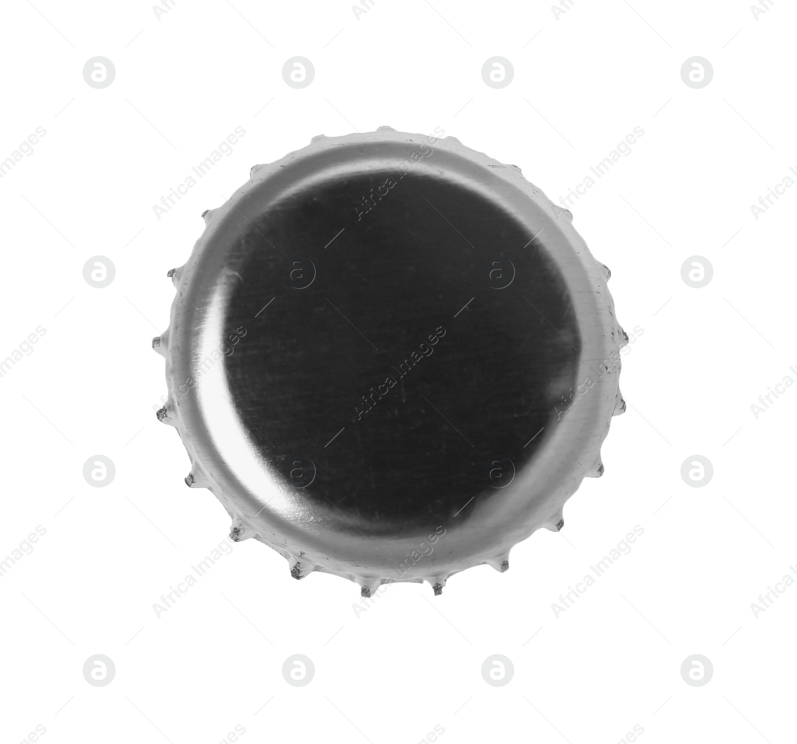 Photo of One sliver beer bottle cap isolated on white, top view
