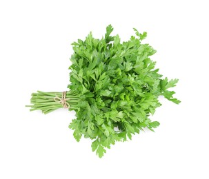Photo of Bunch of fresh green parsley isolated on white, top view