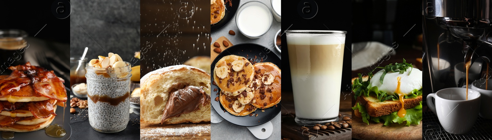 Image of Assortment of tasty breakfasts. Collage with different meals and drinks